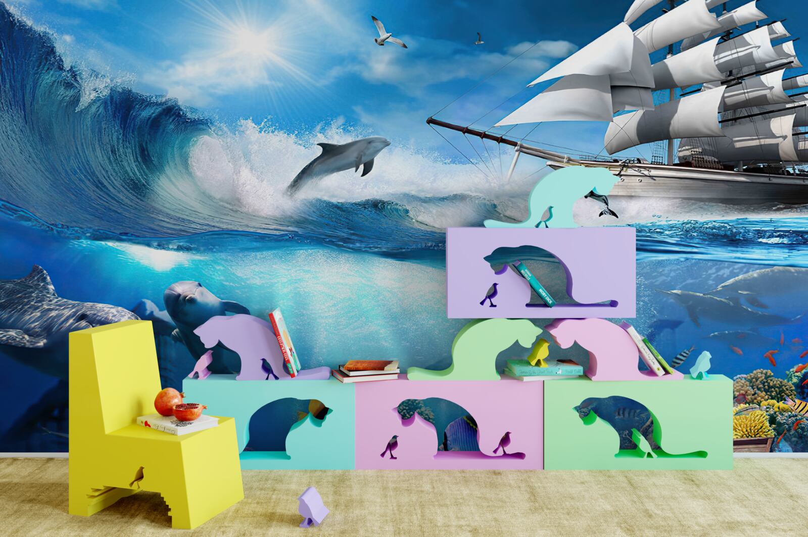 Фотошпалери корабель і водний всесвіт під ним