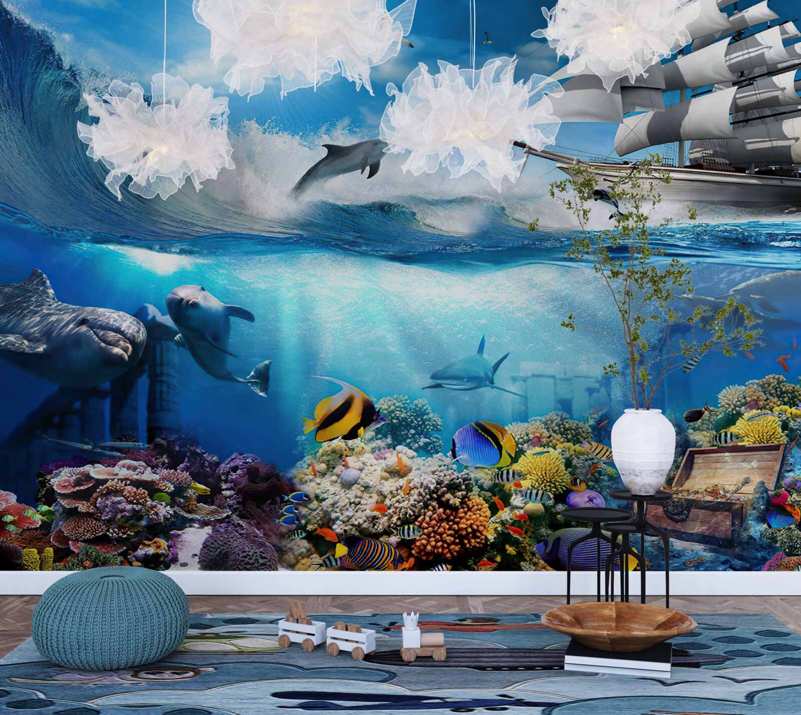 Фотошпалери корабель і водний всесвіт під ним