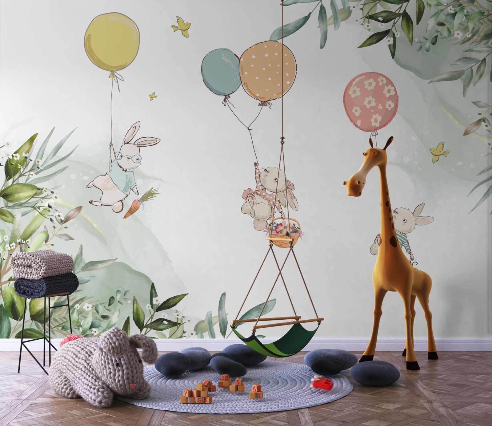 Фотошпалери кролики, що плавають на повітряних кулях