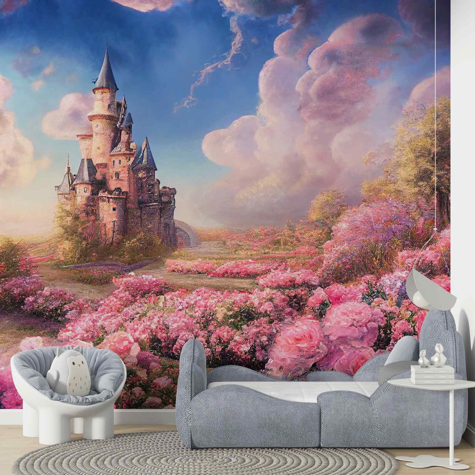 Фотошпалери медове село з рослинами на тлі чарівного особняка