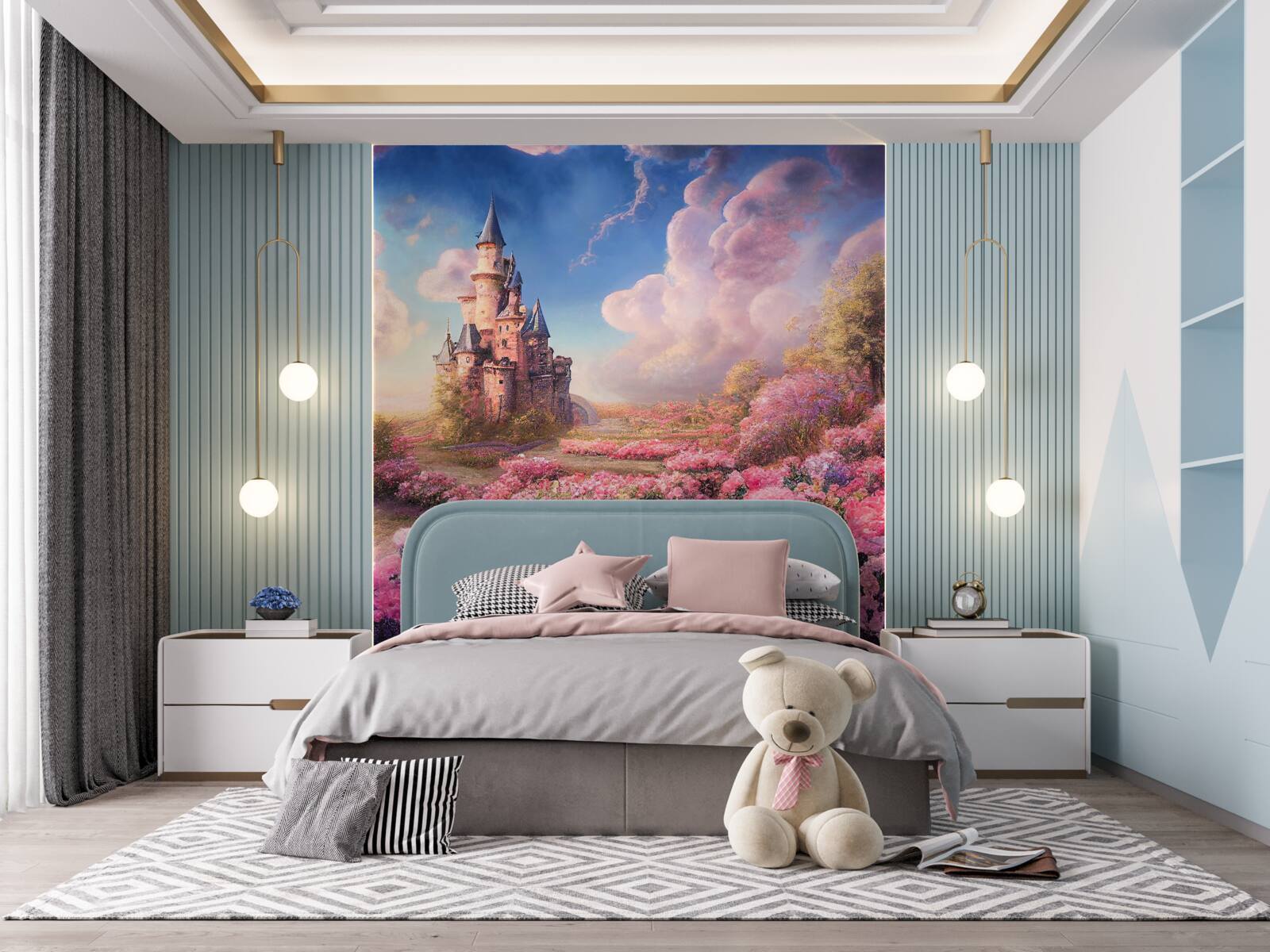 Фотошпалери медове село з рослинами на тлі чарівного особняка