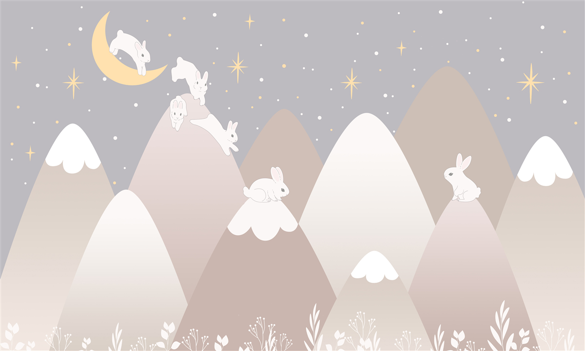 Фотошпалери намальовані гори - ігровий майданчик для стрибаючих білих зайчиків