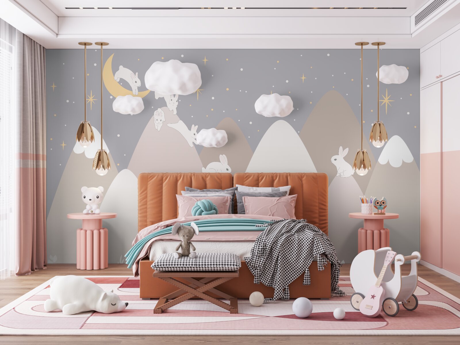 Фотошпалери намальовані гори - ігровий майданчик для стрибаючих білих зайчиків