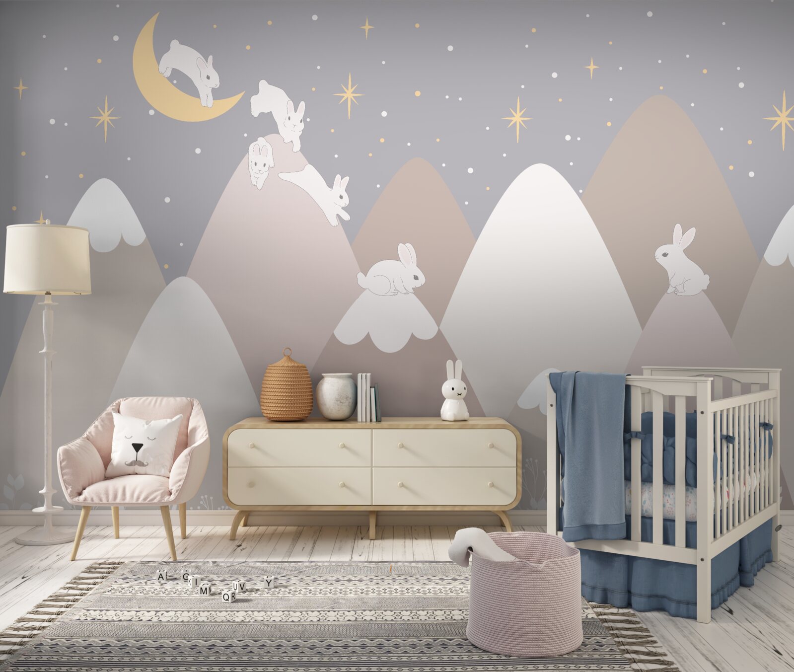 Фотошпалери намальовані гори - ігровий майданчик для стрибаючих білих зайчиків