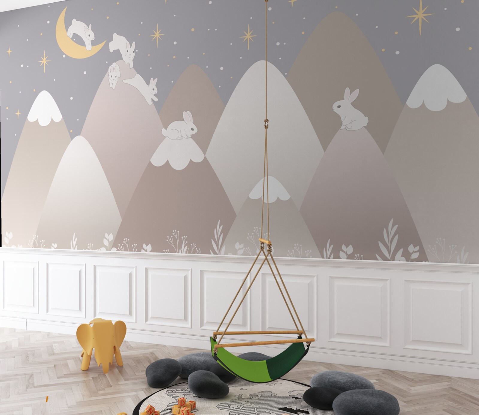 Фотошпалери намальовані гори - ігровий майданчик для стрибаючих білих зайчиків