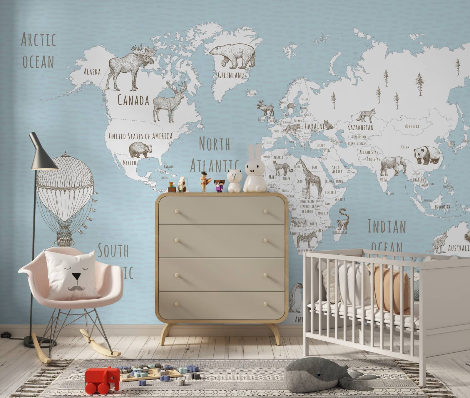 Фотошпалери глобус із зображенням тварин і літаючих об'єктів