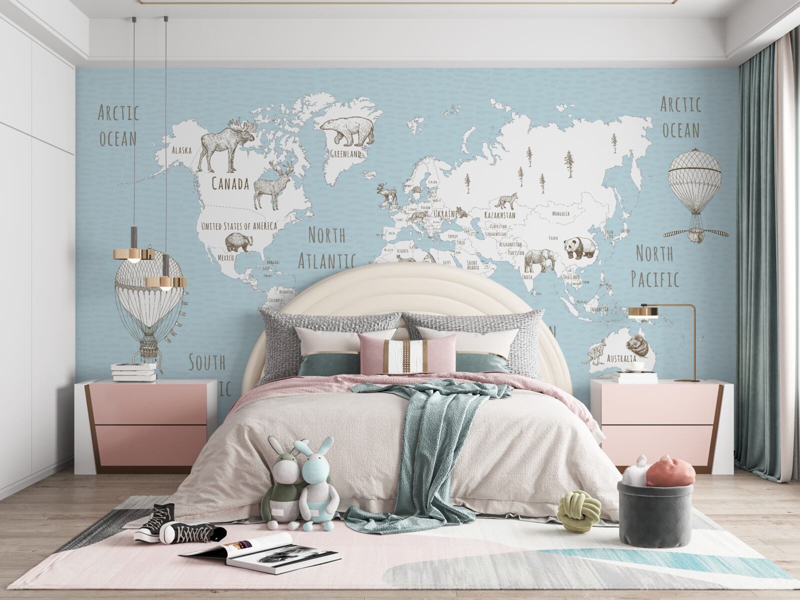 Фотошпалери глобус із зображенням тварин і літаючих об'єктів