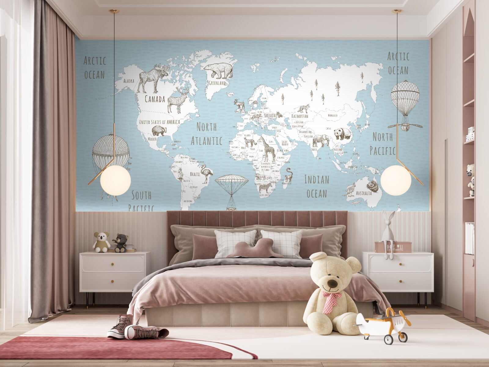 Фотошпалери глобус із зображенням тварин і літаючих об'єктів