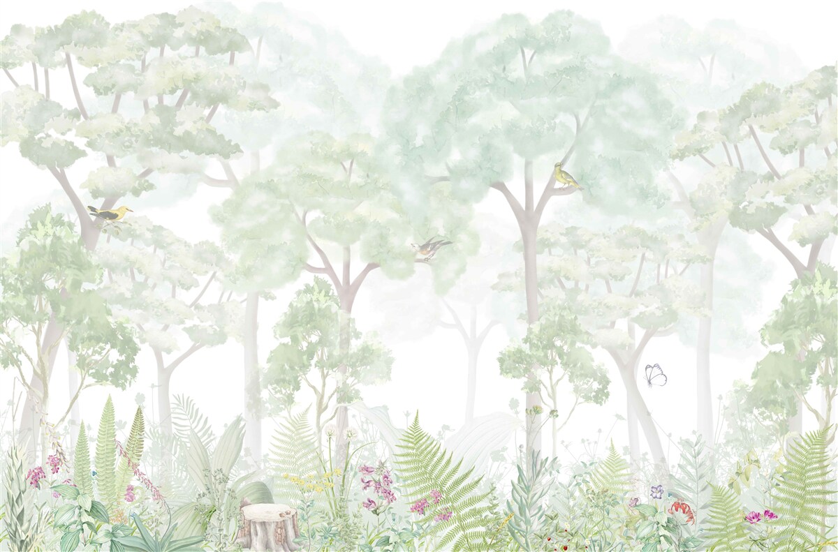 Фотошпалери ліс, намальований у блідих відтінках акварелі