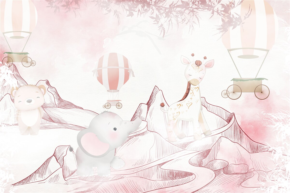 Фотошпалери яскраво-рожеві тварини та літаючі кульки