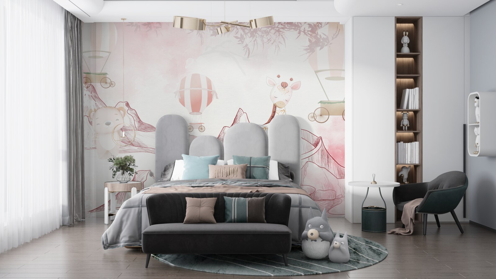 Фотошпалери яскраво-рожеві тварини та літаючі кульки