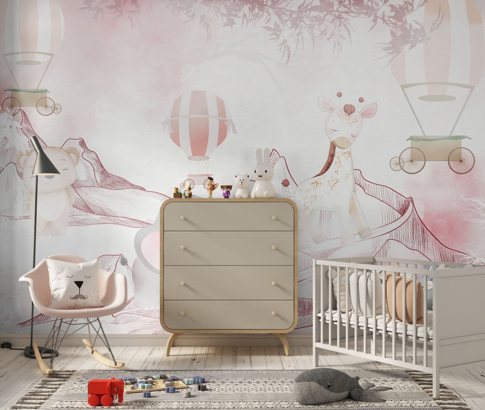 Фотошпалери яскраво-рожеві тварини та літаючі кульки