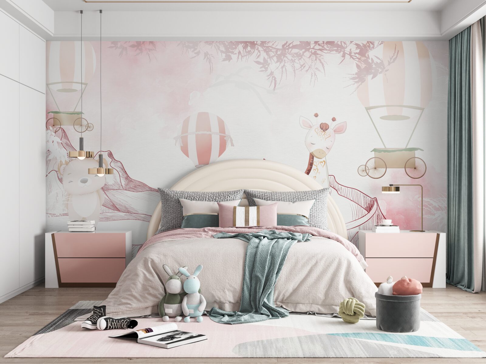 Фотошпалери яскраво-рожеві тварини та літаючі кульки