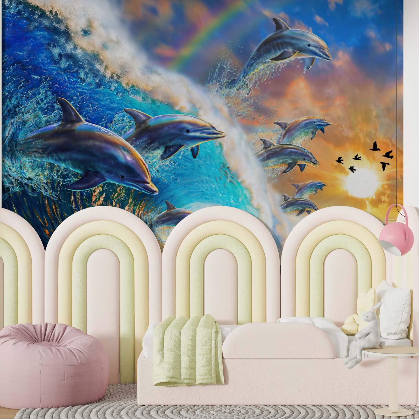 Фотошпалери на заході сонця дельфіни вистрибують з води