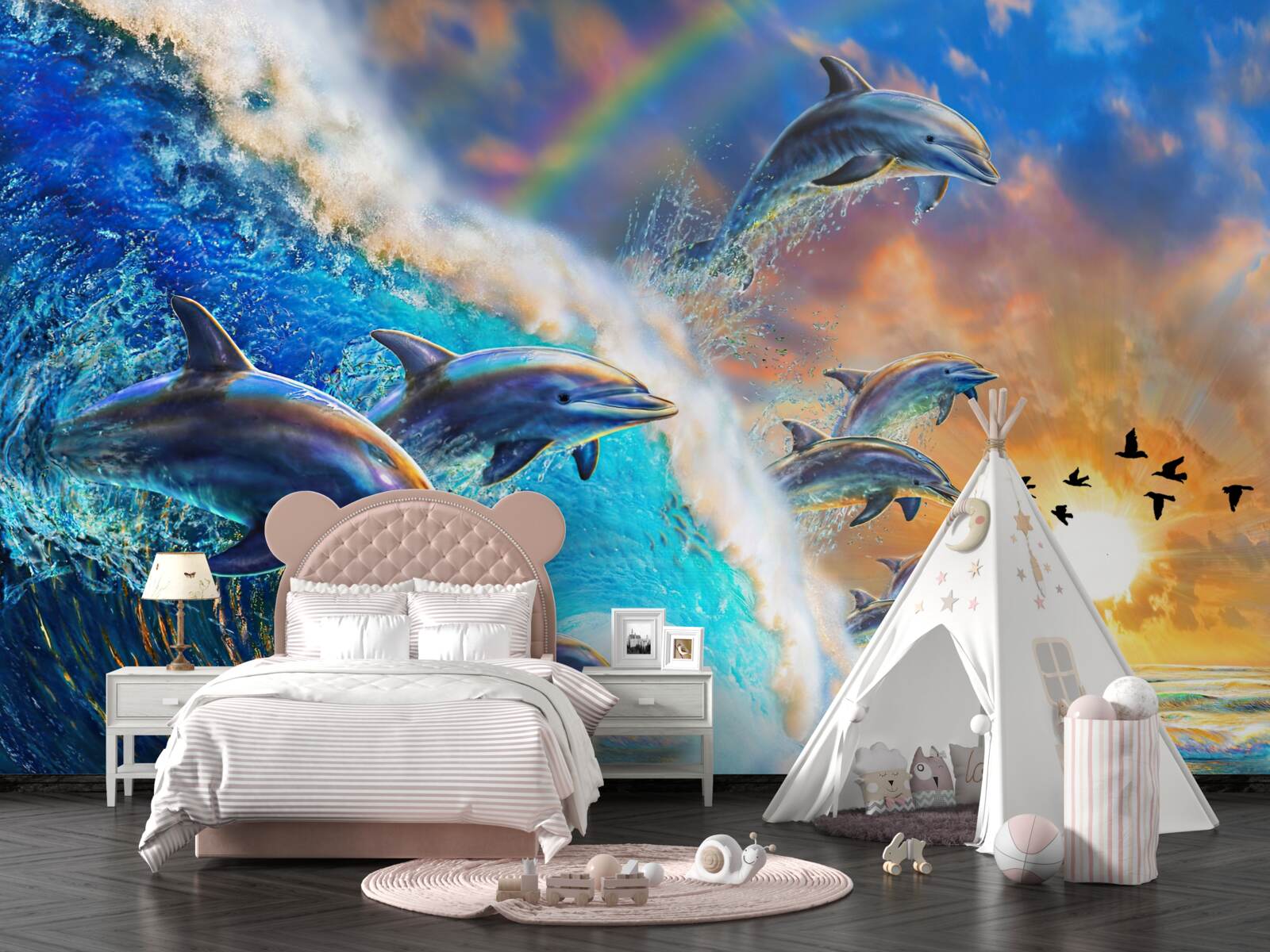 Фотошпалери на заході сонця дельфіни вистрибують з води