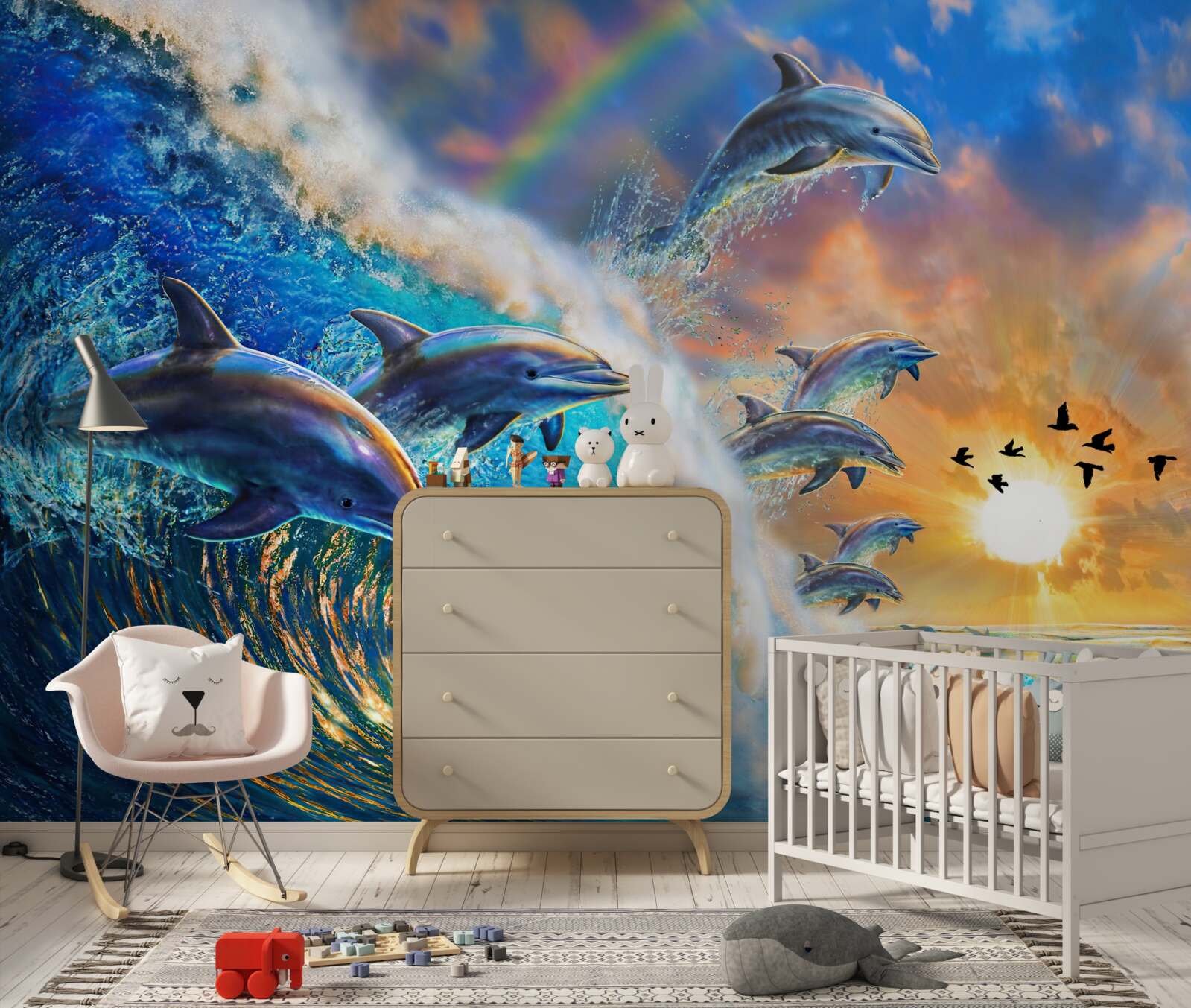 Фотошпалери на заході сонця дельфіни вистрибують з води