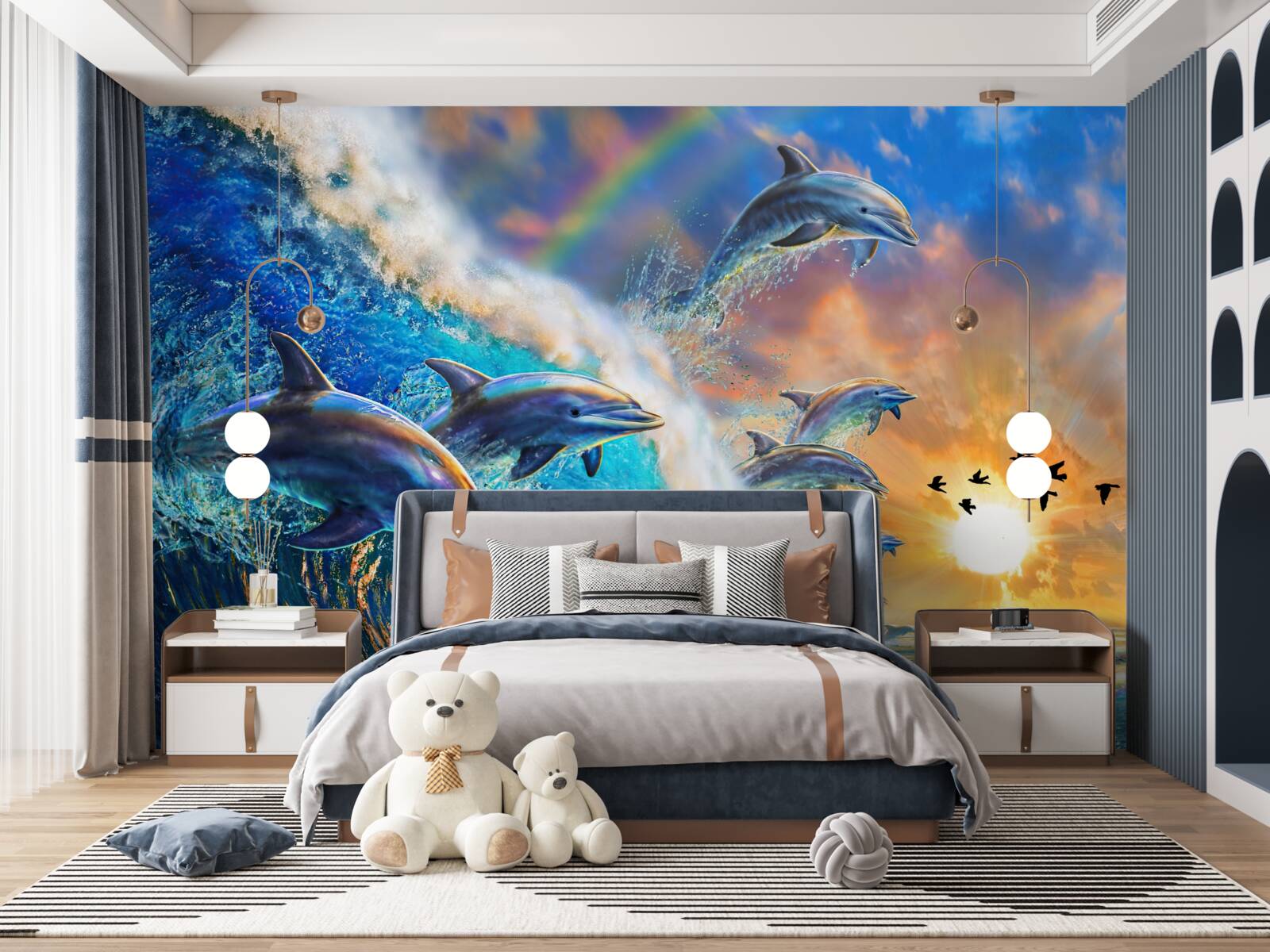 Фотошпалери на заході сонця дельфіни вистрибують з води