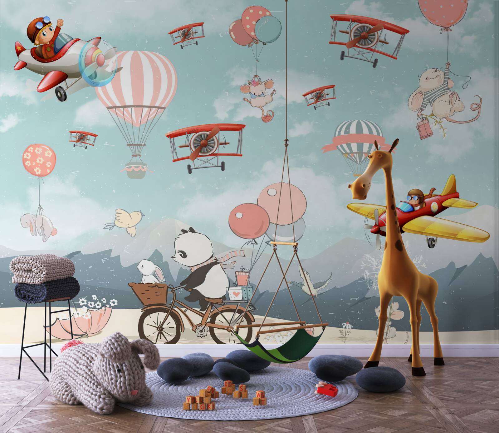 Фотошпалери навколо літає велосипедна панда та інша фауна