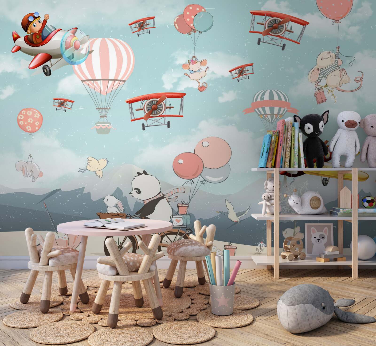 Фотошпалери навколо літає велосипедна панда та інша фауна