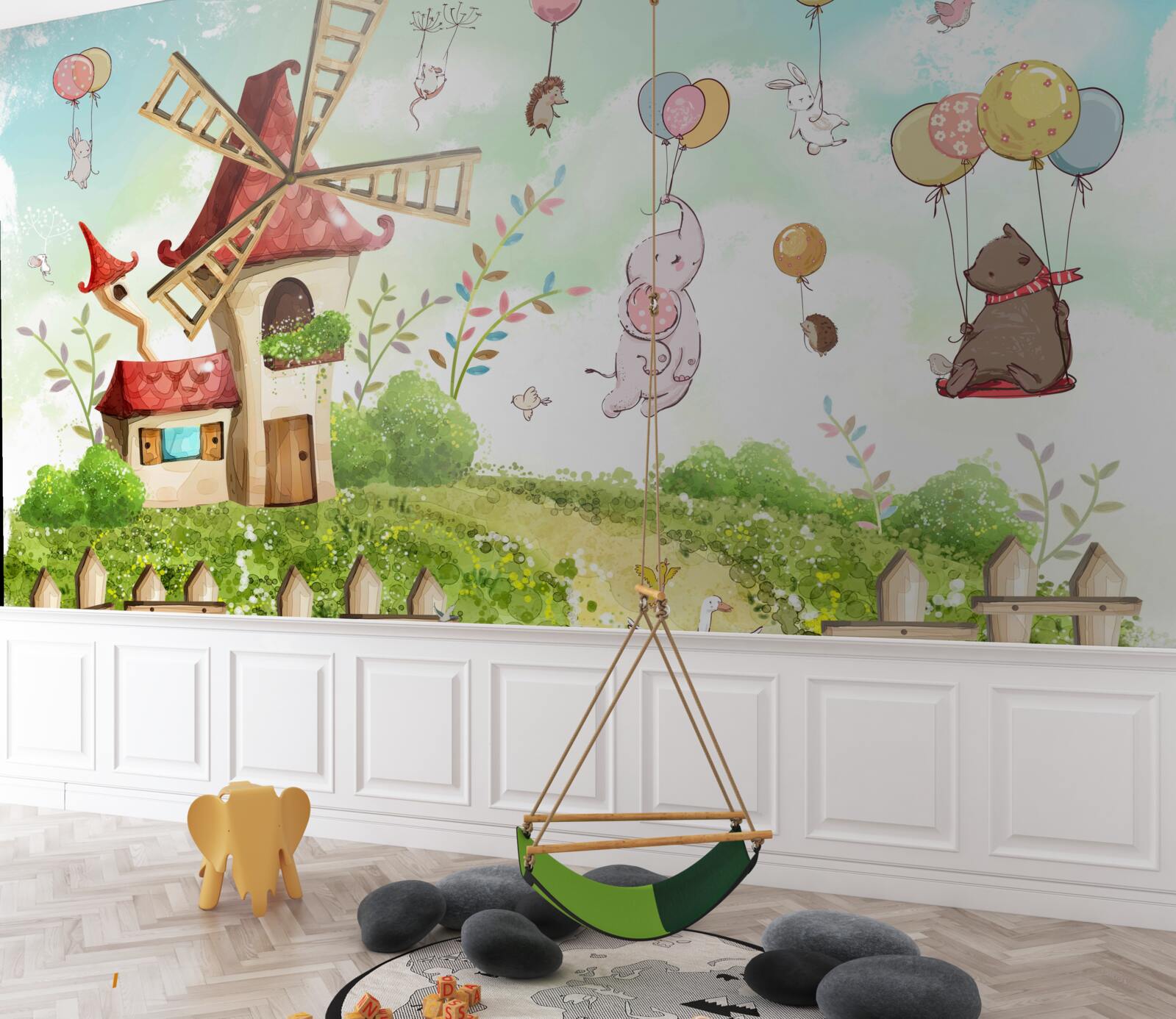 Фотошпалери істоти ширяють над землею на повітряних кулях