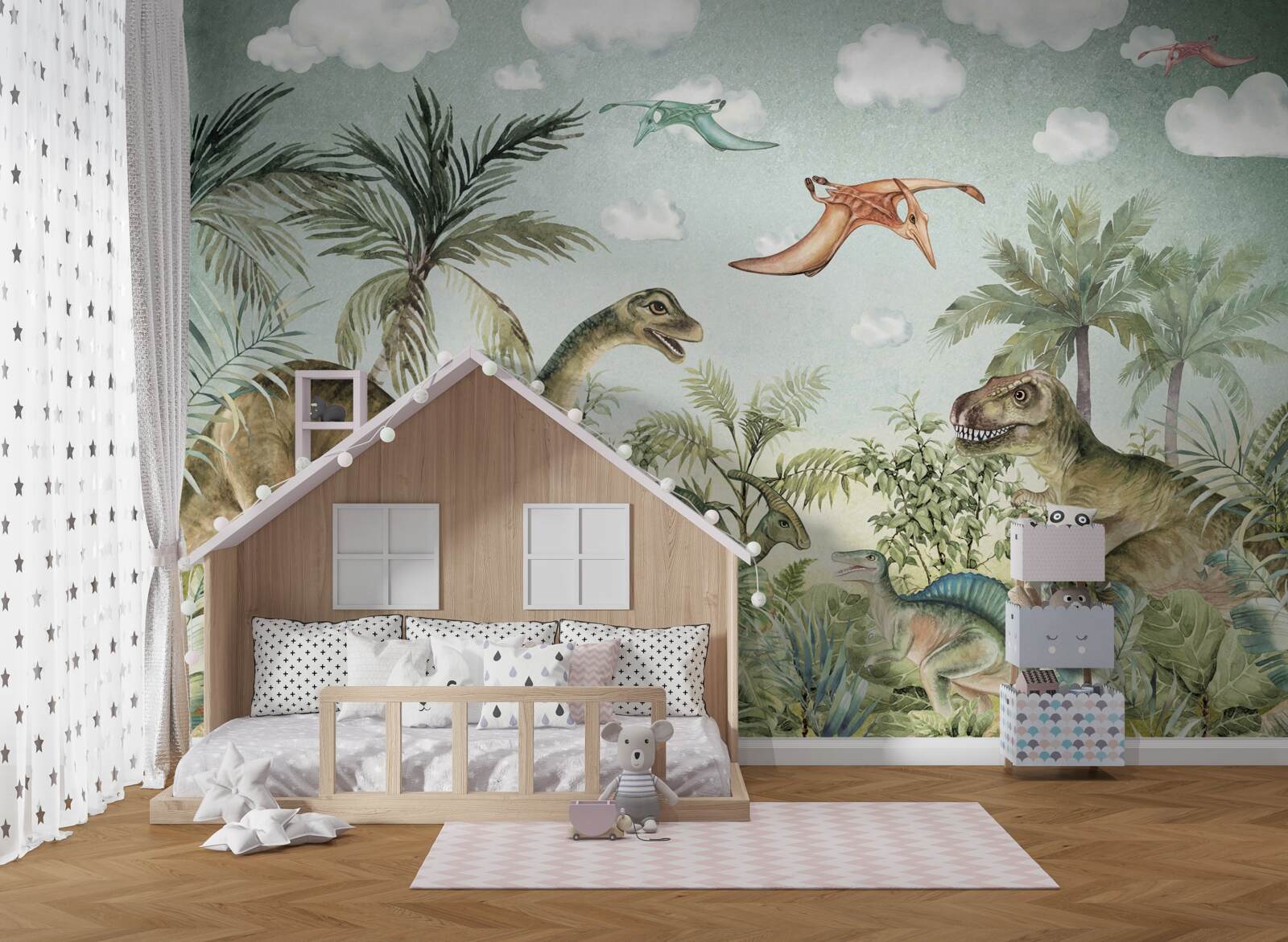 Фотошпалери зелень оточує динозаврів