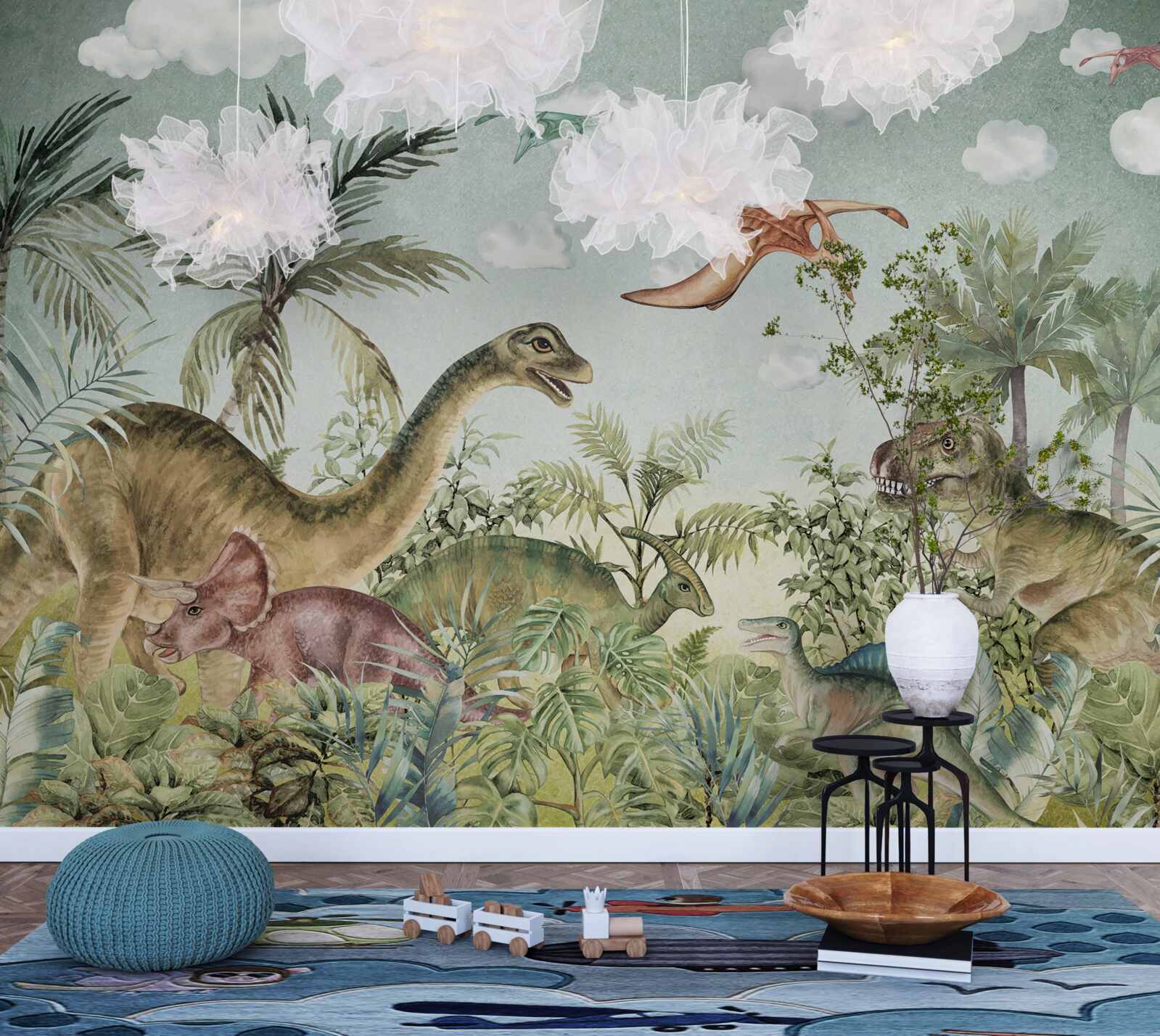 Фотошпалери зелень оточує динозаврів