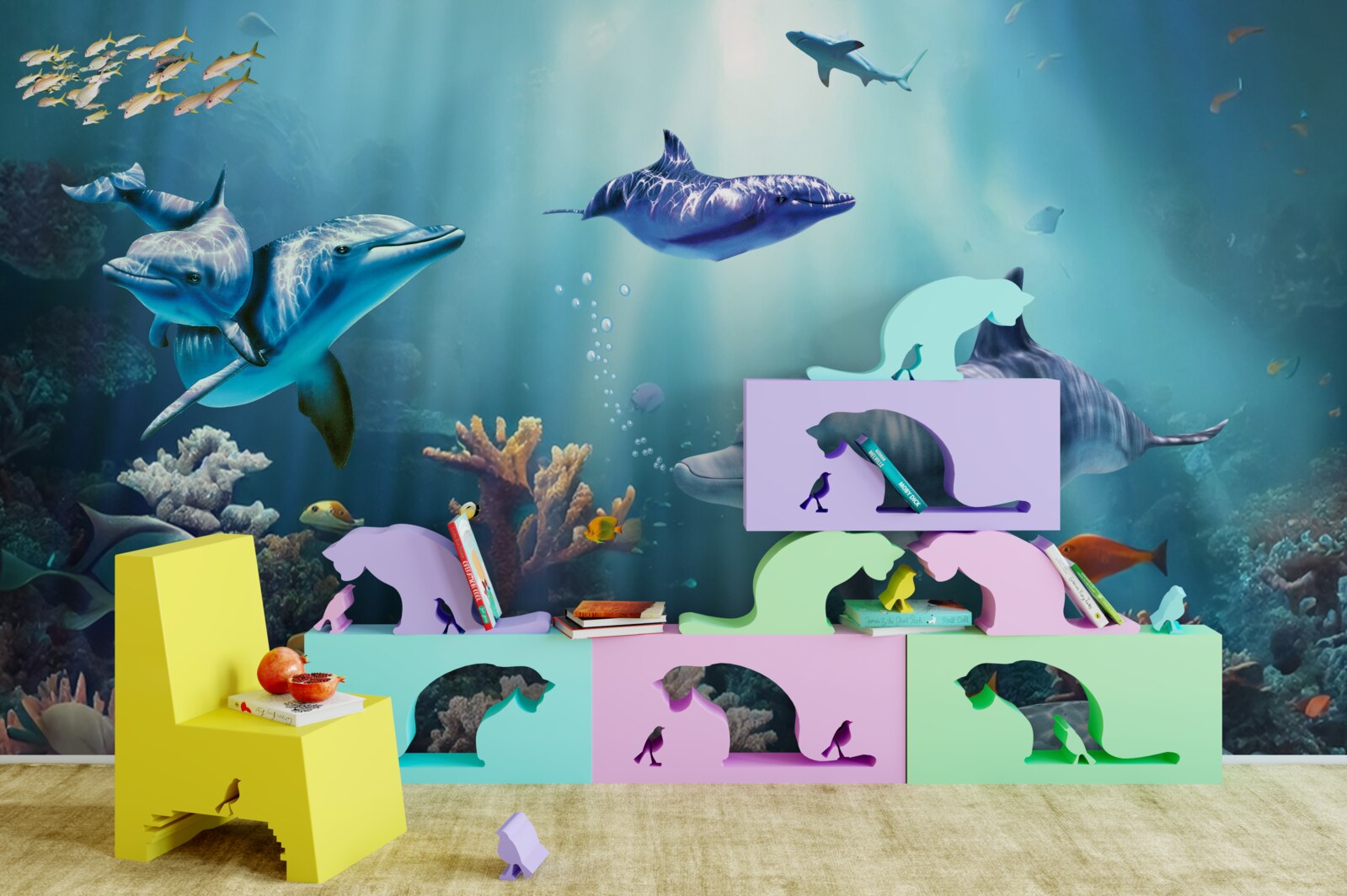 Фотошпалери риби та дельфіни плавають разом