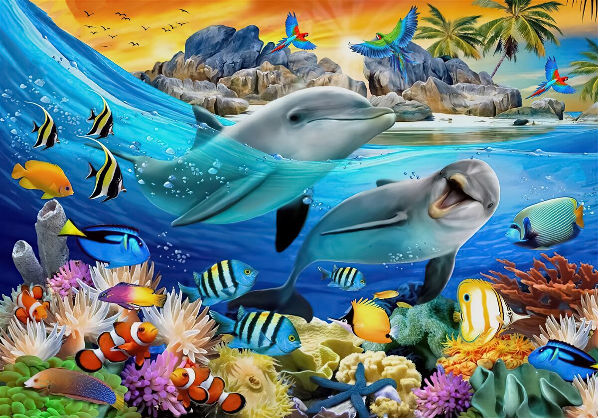 Фотошпалери дельфіни випливають на поверхню води