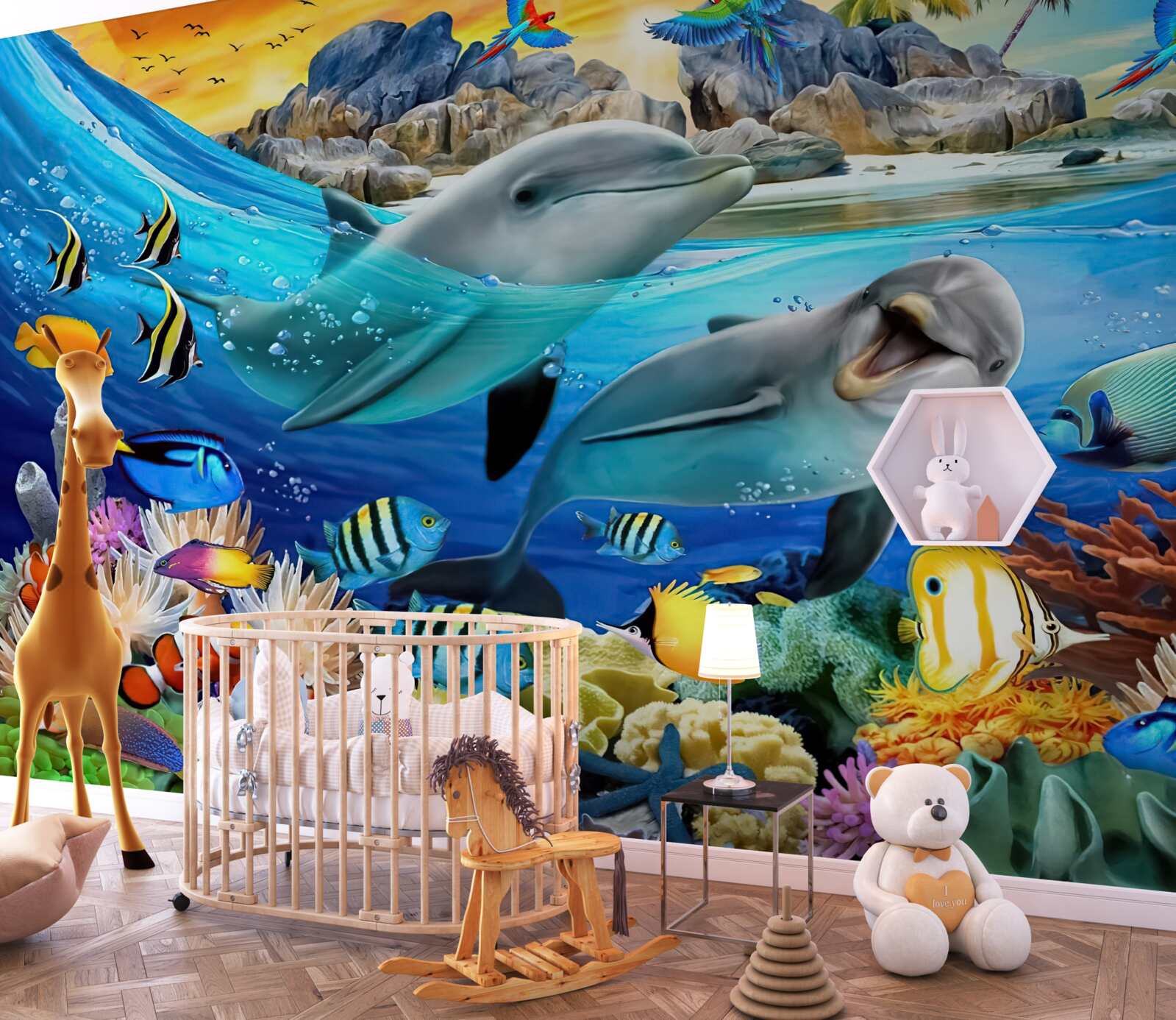 Фотошпалери дельфіни випливають на поверхню води