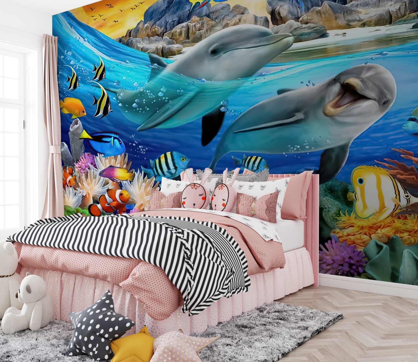 Фотошпалери дельфіни випливають на поверхню води