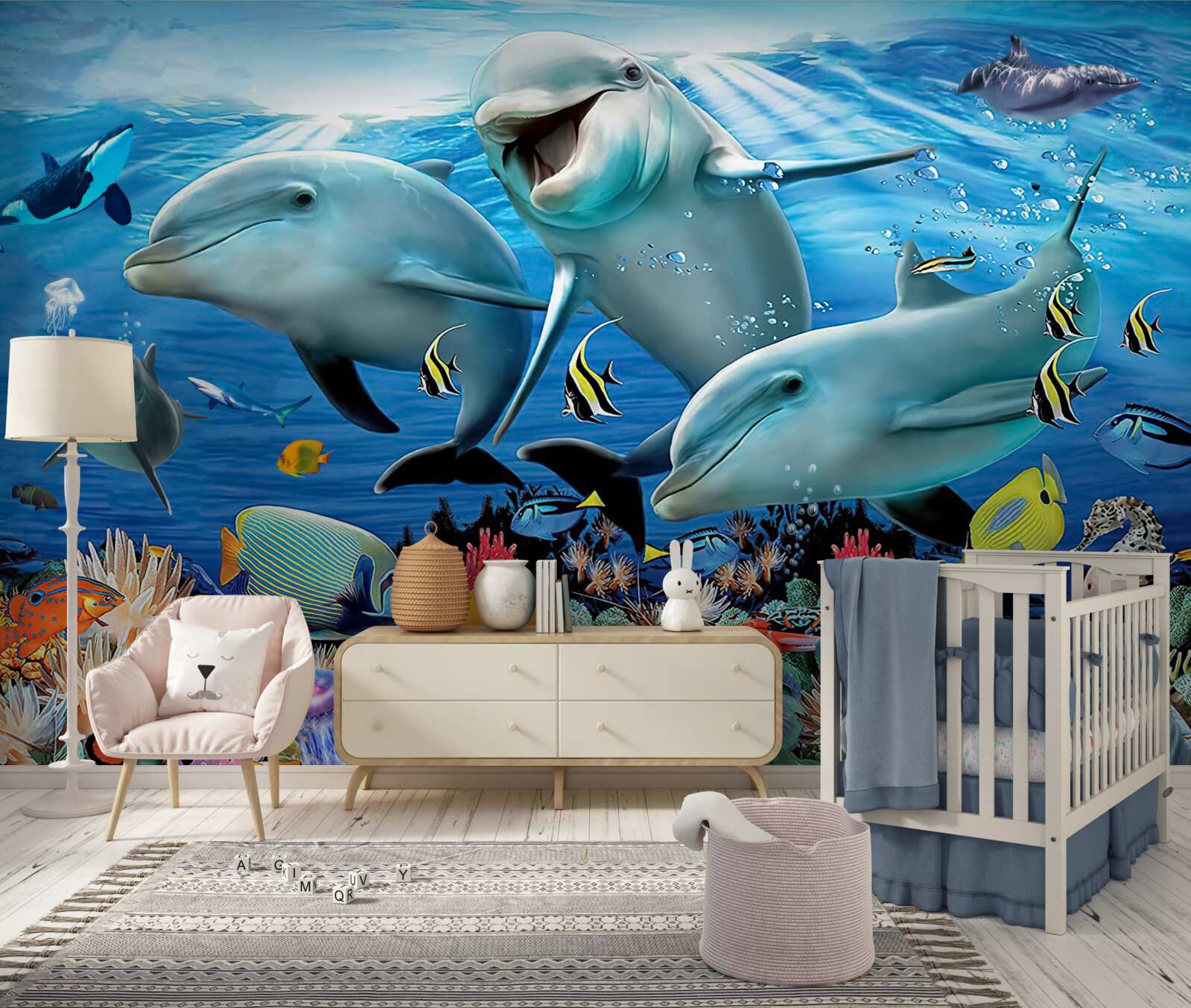 Фотошпалери дельфіни та риби посміхаються під водою