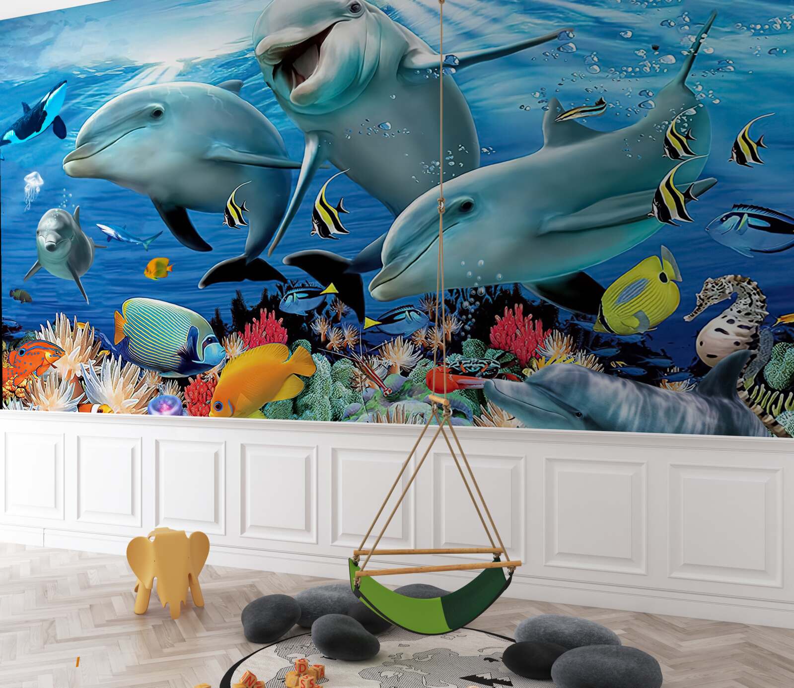 Фотошпалери дельфіни та риби посміхаються під водою