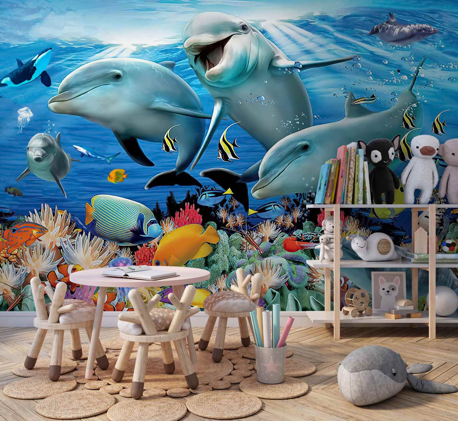 Фотошпалери дельфіни та риби посміхаються під водою