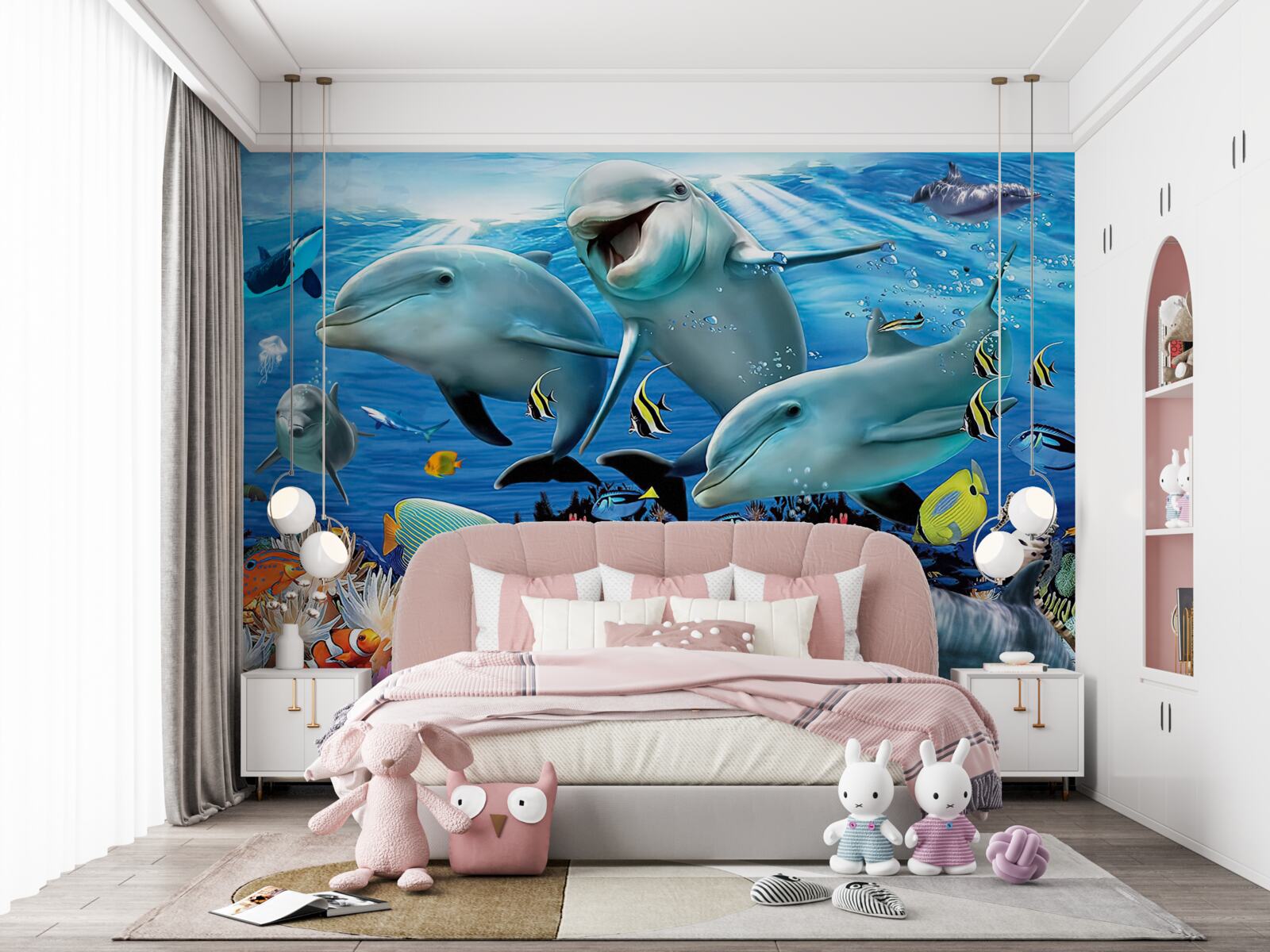 Фотошпалери дельфіни та риби посміхаються під водою