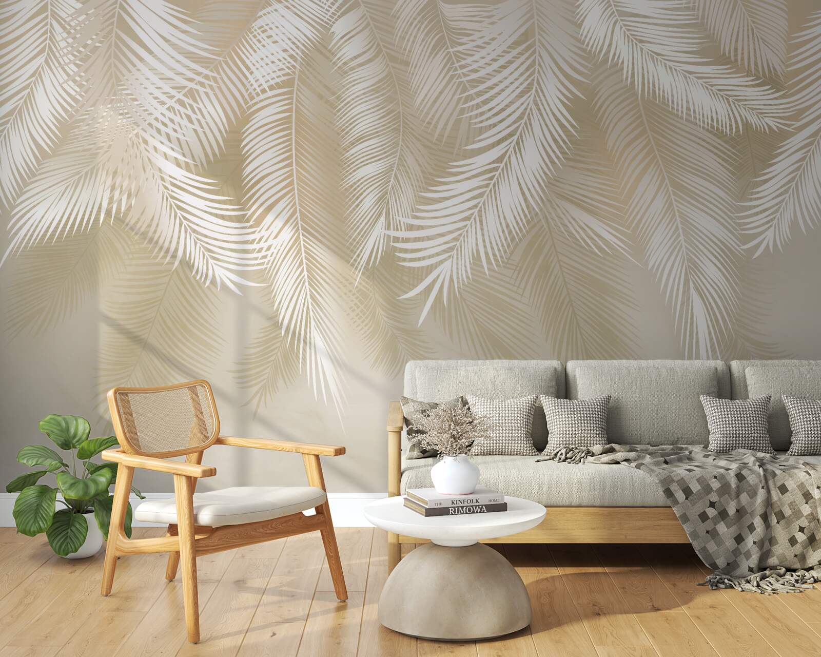 Фотошпалери пальмове листя біле на бежевому тлі
