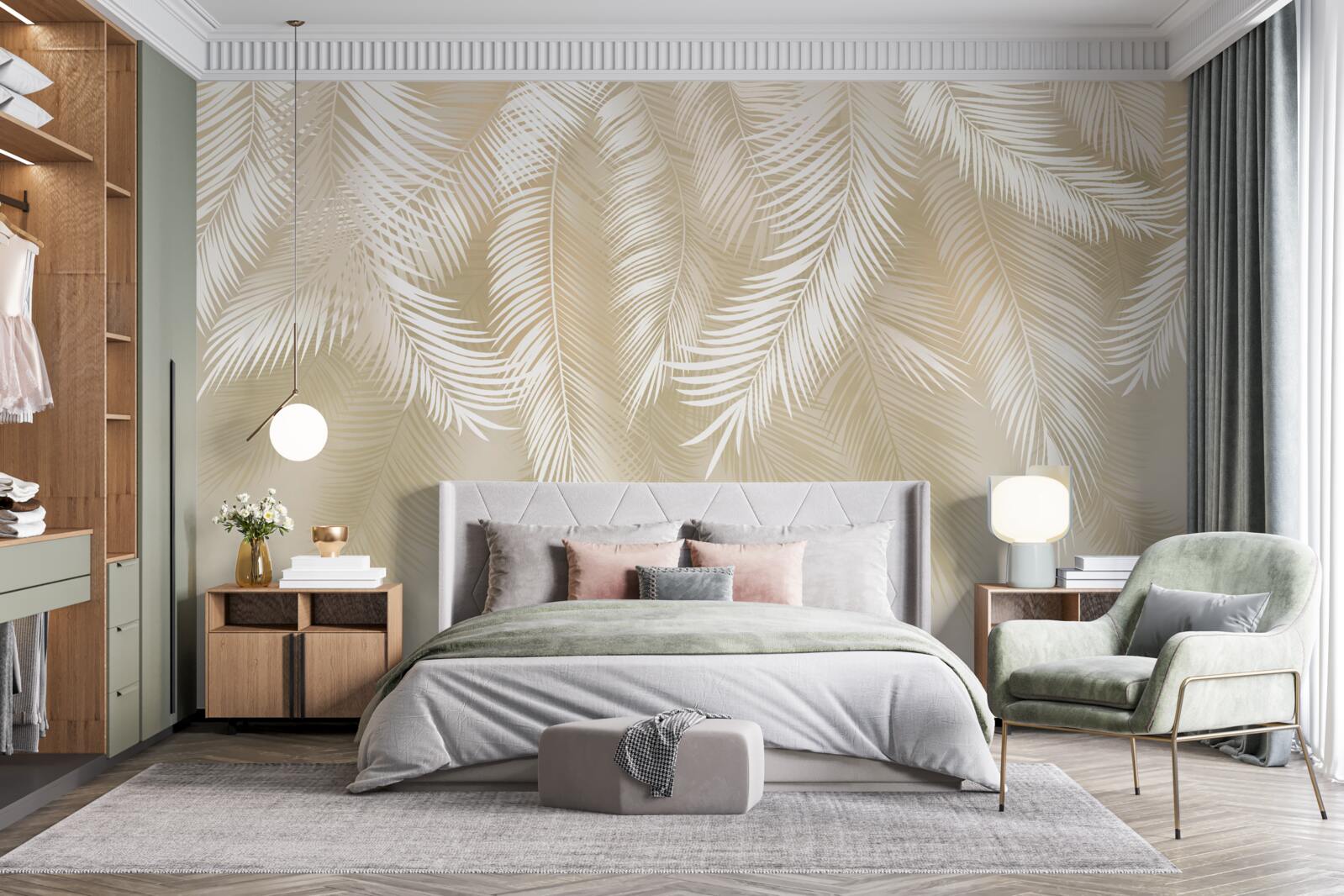 Фотошпалери пальмове листя біле на бежевому тлі