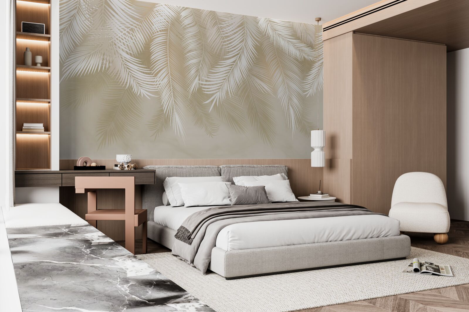 Фотошпалери пальмове листя біле на бежевому тлі