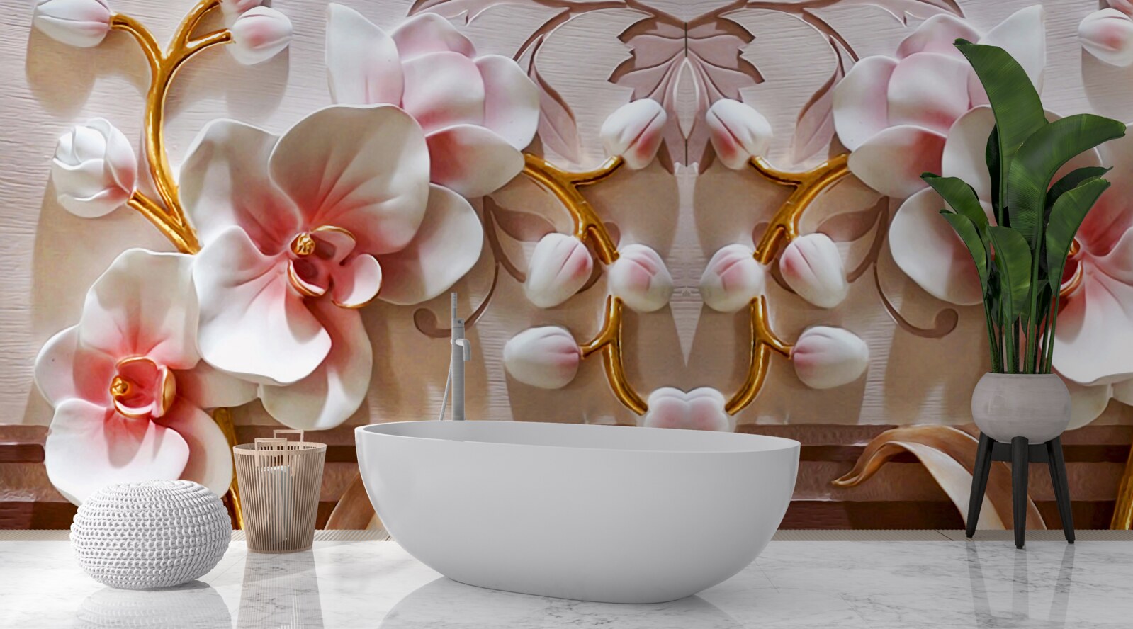 Фотошпалери орхідеї з червоною серцевиною на білому тлі квітів