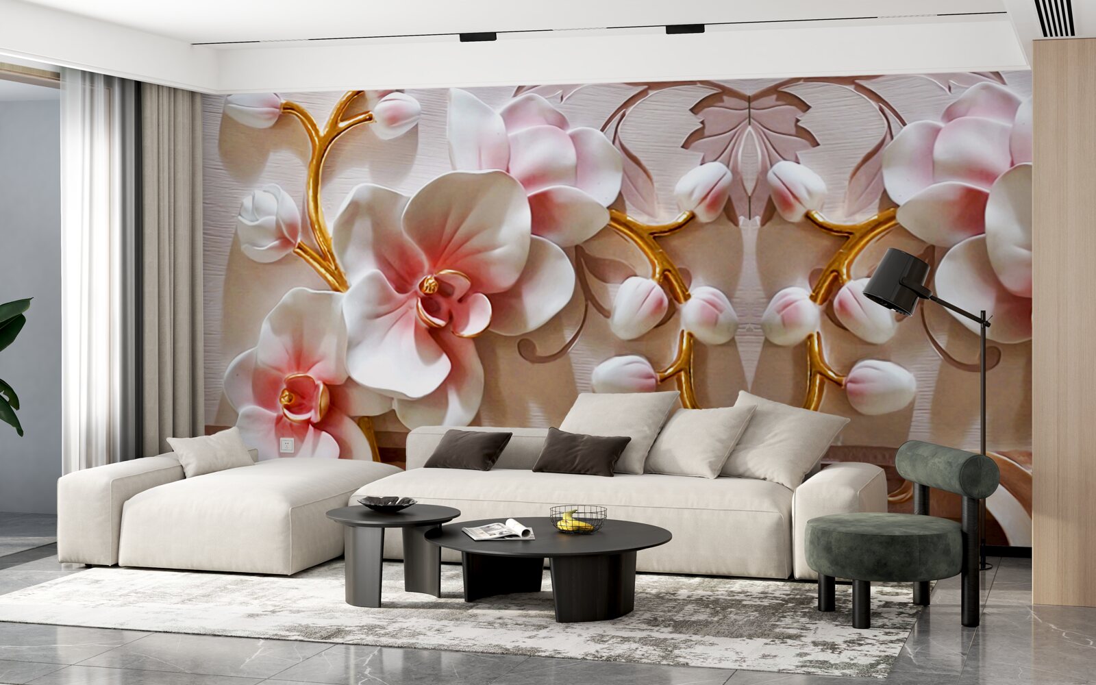 Фотошпалери орхідеї з червоною серцевиною на білому тлі квітів