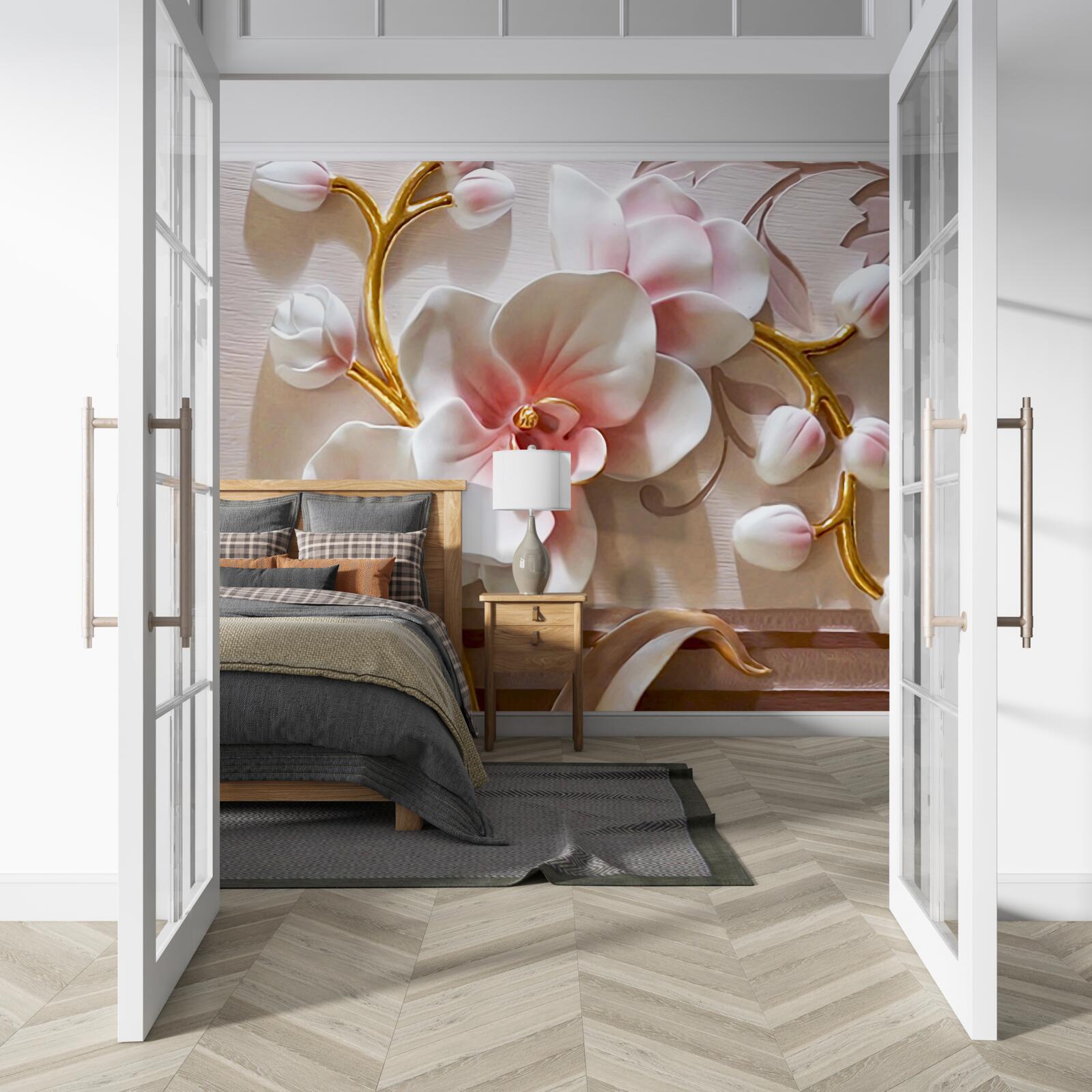 Фотошпалери величезні бутони червоно-білої орхідеї