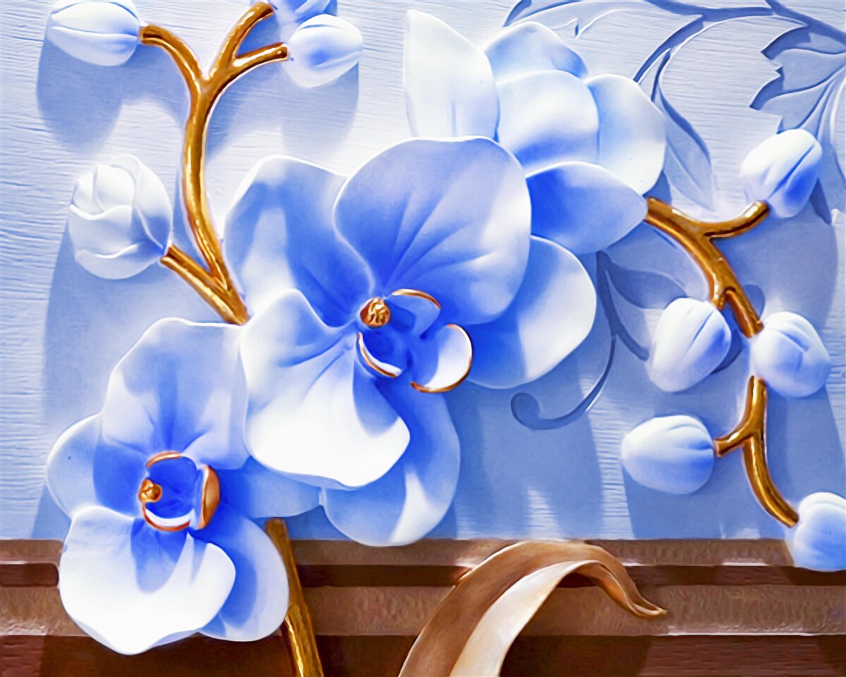 Фотошпалери орхідея небесного кольору на гілках, прикрашених золотом