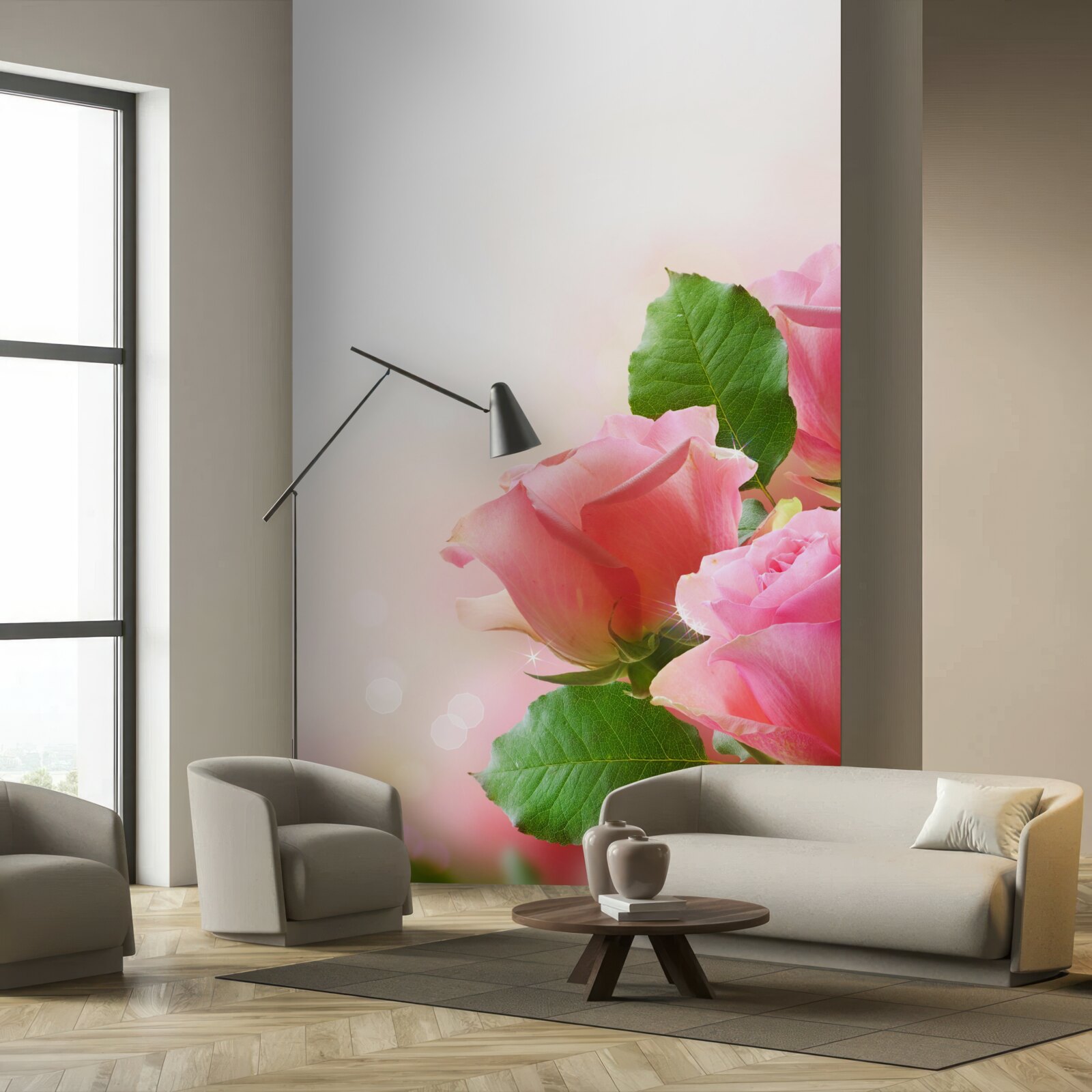 Фотошпалери ніжно-малинові троянди з зеленим листям