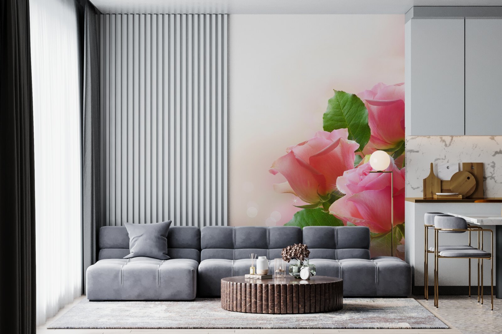 Фотошпалери ніжно-малинові троянди з зеленим листям