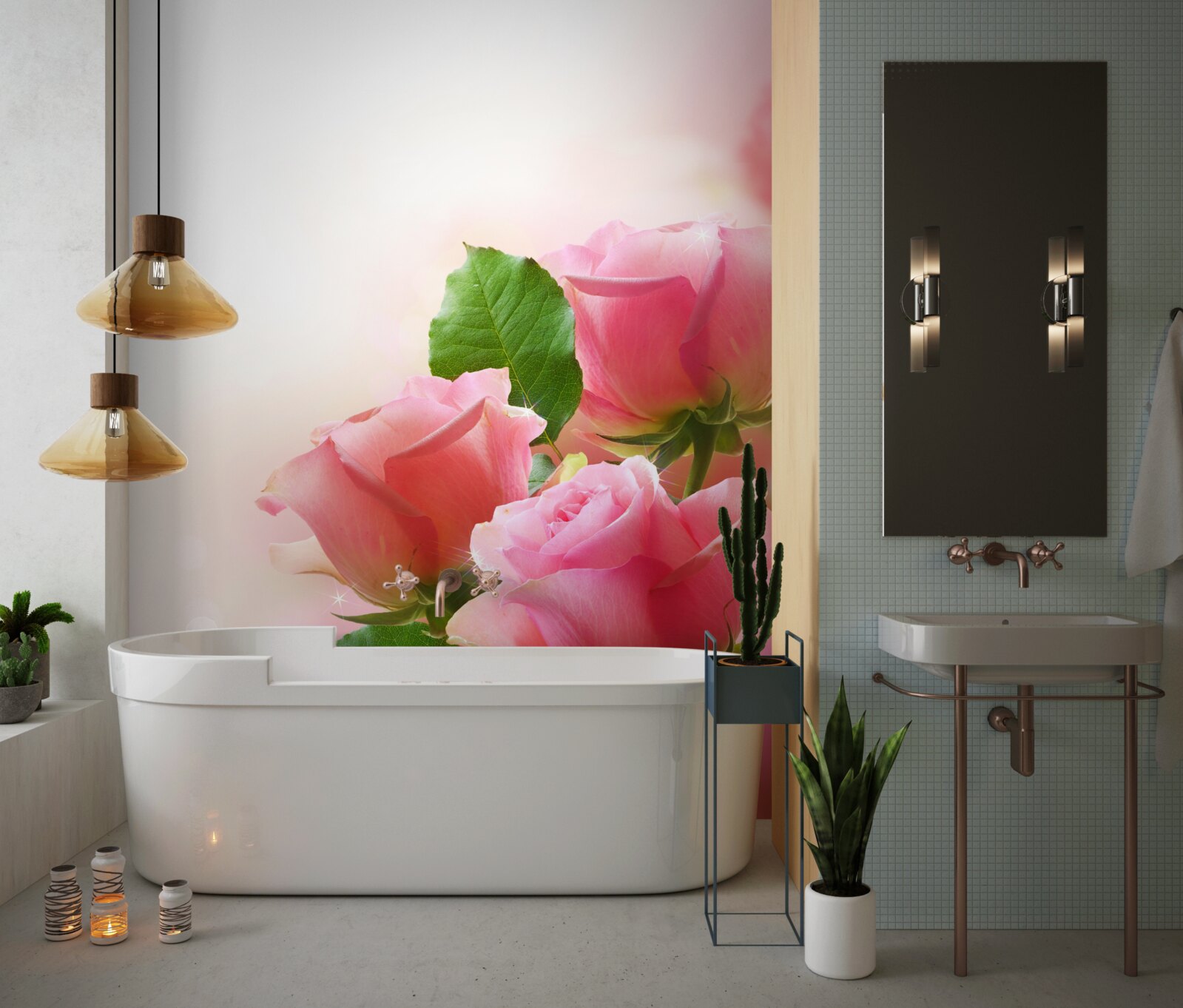 Фотошпалери ніжно-малинові троянди з зеленим листям