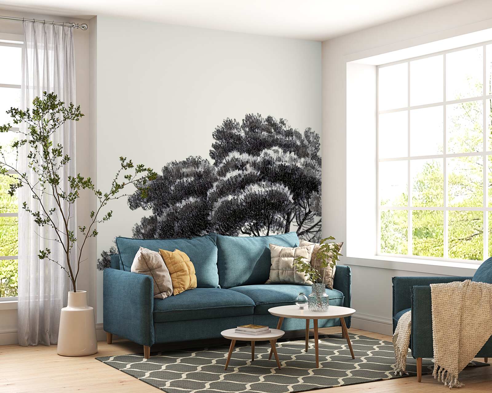 Фотошпалери щільно межує з великим лісом