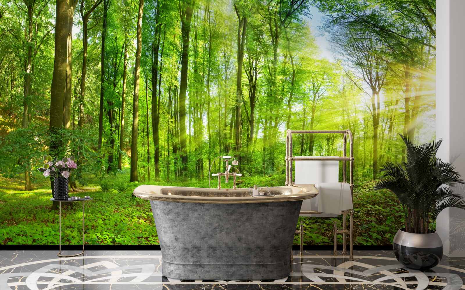 Фотошпалери Світанок у лісі, де панує зелене листя