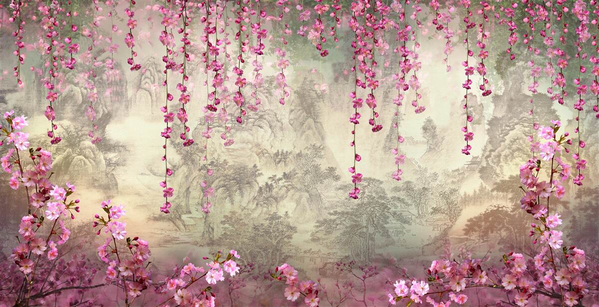 Фотошпалери рожеві квіти, що падають у воду зверху вниз