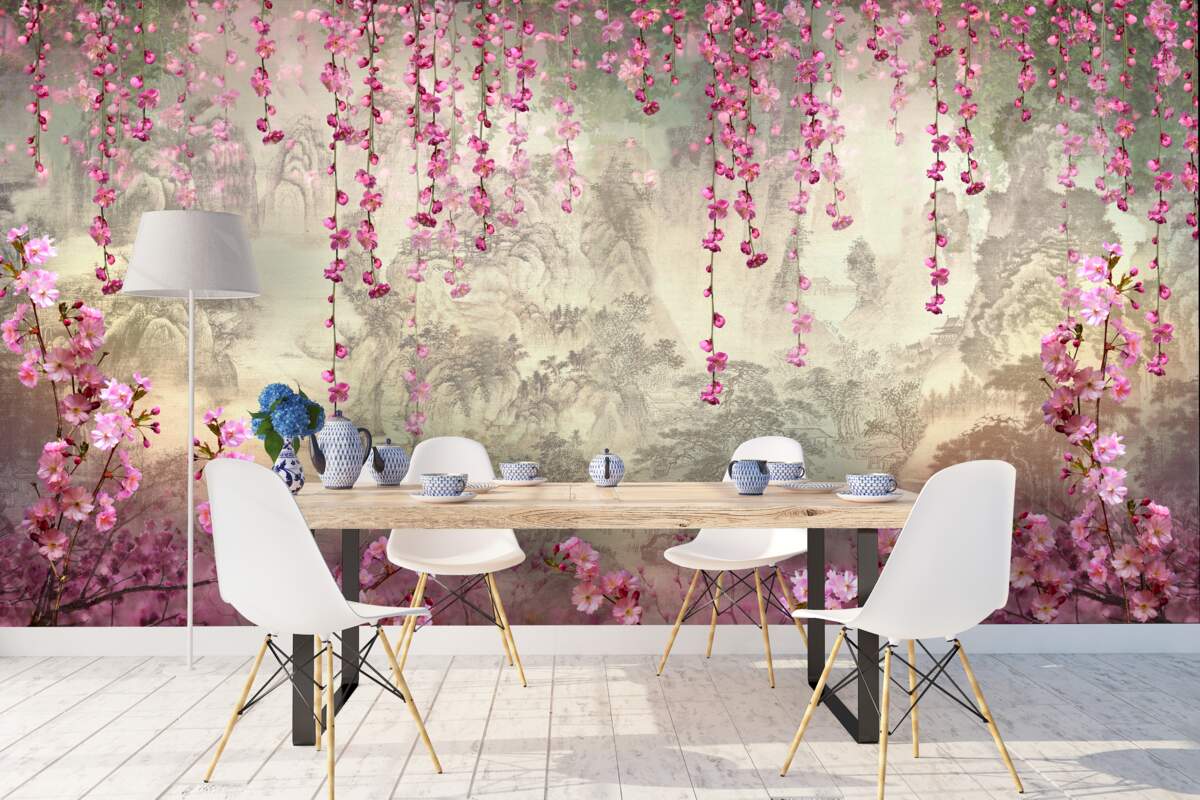 Фотошпалери рожеві квіти, що падають у воду зверху вниз