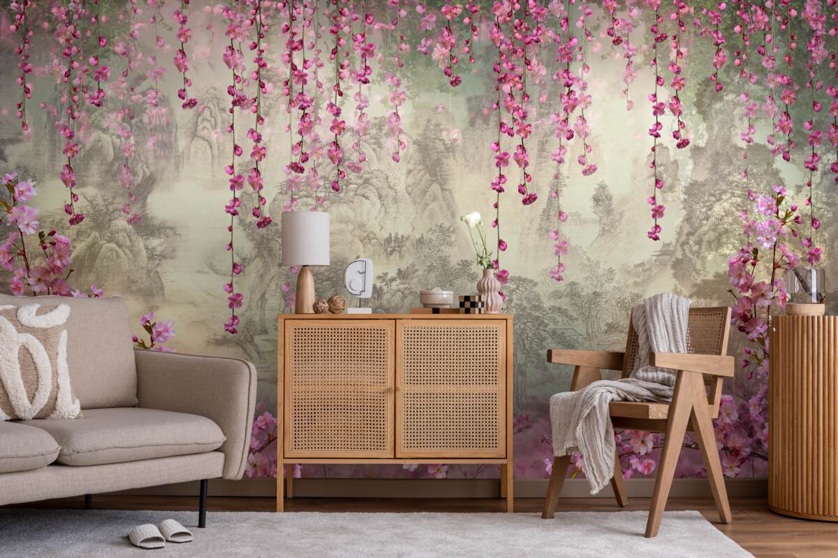 Фотошпалери рожеві квіти, що падають у воду зверху вниз