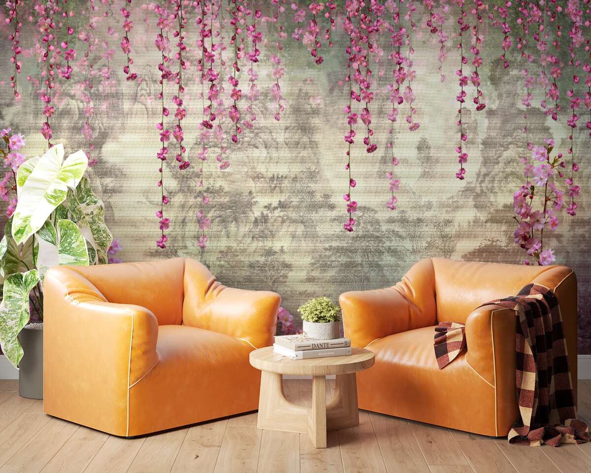 Фотошпалери рожеві квіти, що падають у воду зверху вниз